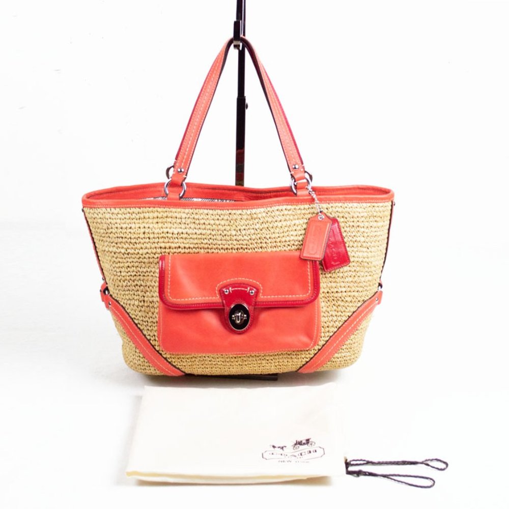 Coach Straw Natural & Tangerine Leather Shopper Pocket Tote Bag - Picture 4 of 15